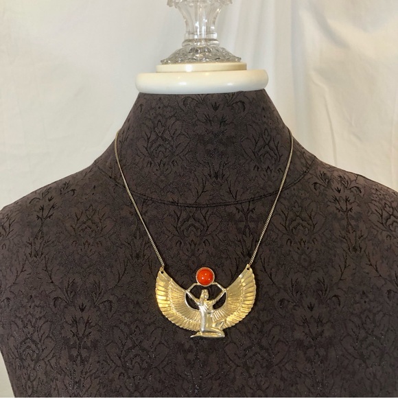 💸 5/20 Large Egyptian Goddess Isis Statement Necklace w/ Orange Stone - Picture 3 of 10